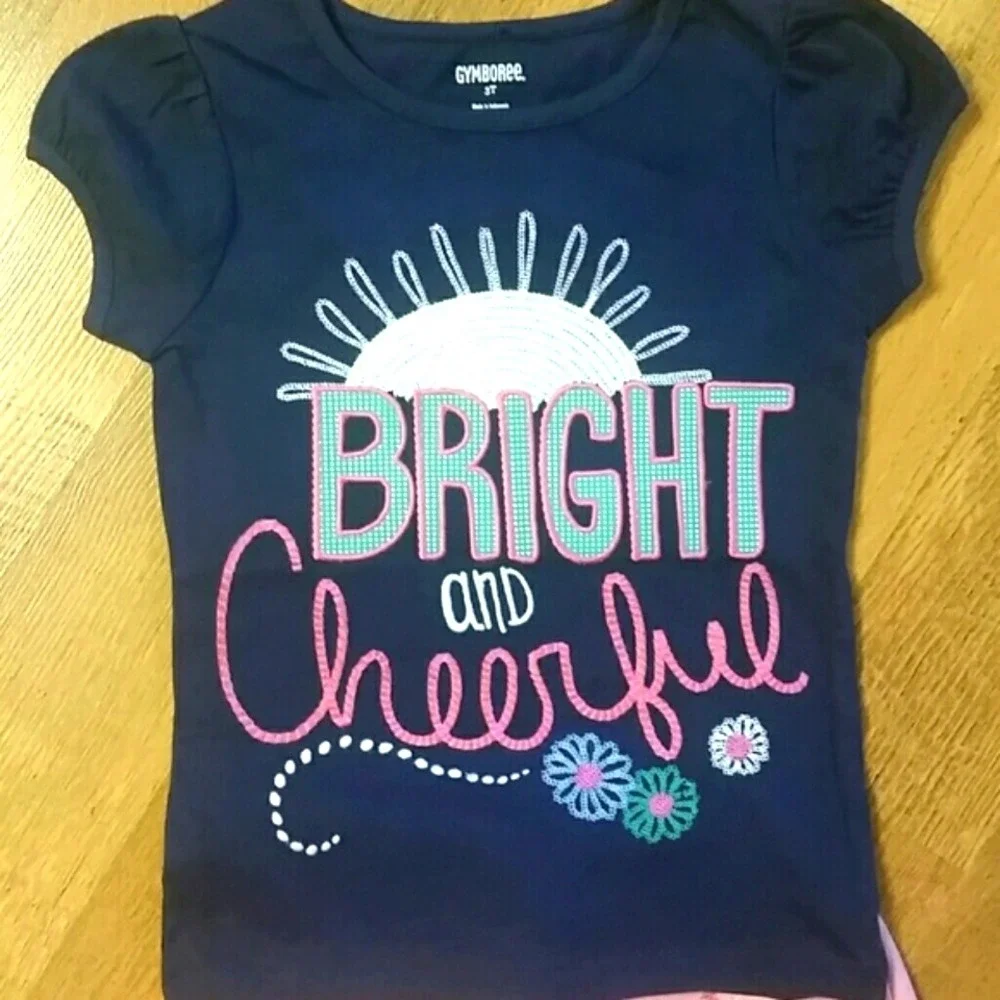 Gymboree Girls Embroidered Navy Short Sleeve Shirt with Pink Sweatpants Size 3-4